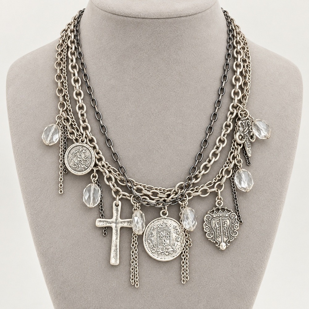 Icing Silver Tone Multi Strand Charm Necklace Cross Coin Heart Goth Grunge Y2K
